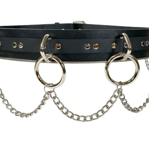 Heavy Black  Leather Belt with Silver Chains Handmade Draping Chain Halter Ring Belt Black Leather U.S.A.  main image 2